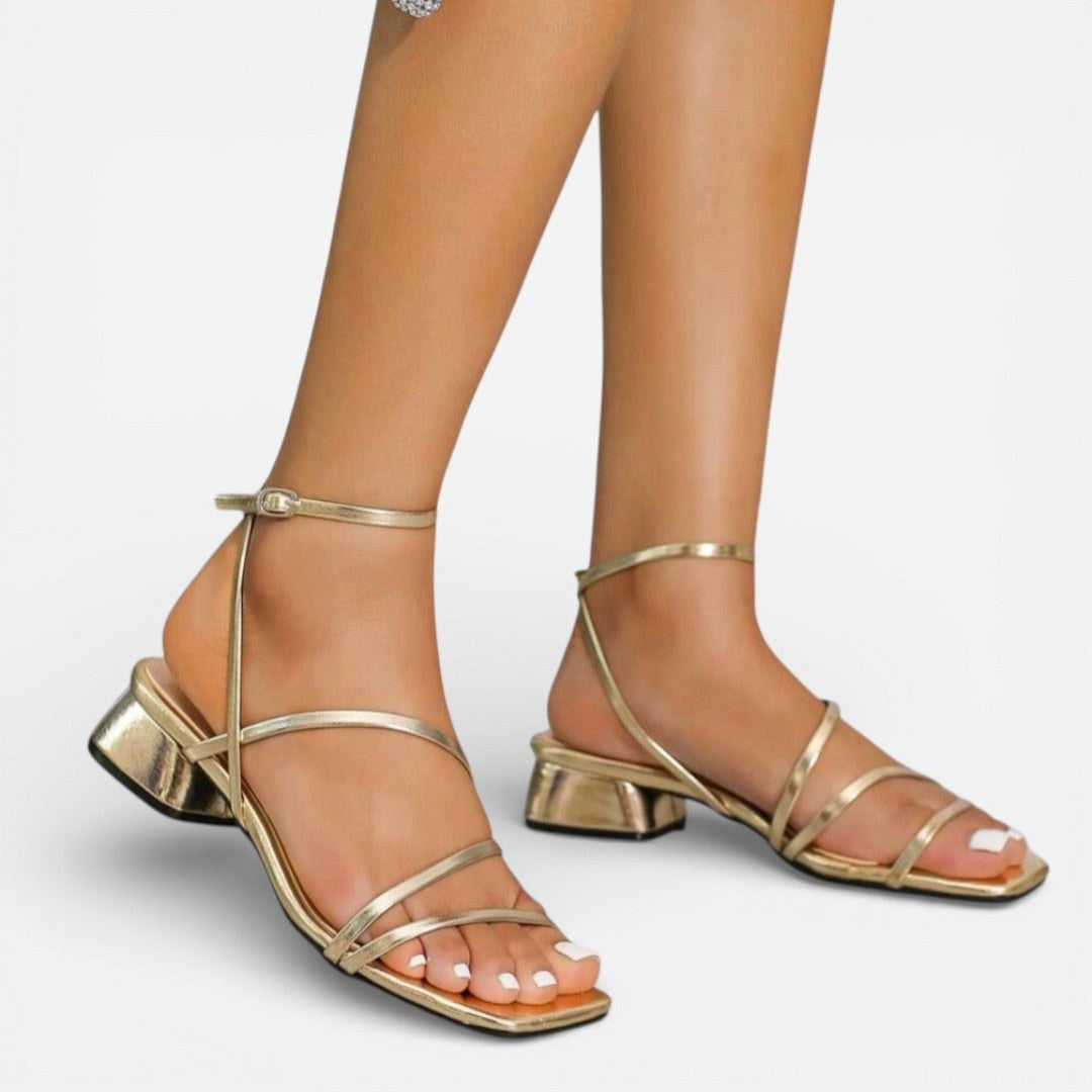 Ebony | Women's Gold Metallic Block Heel Sandals, Strappy Occasion Sandals | The Shrader Sisters | Dorado