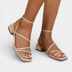 Ebony | Women's Gold Metallic Block Heel Sandals, Strappy Occasion Sandals | The Shrader Sisters | Blanco