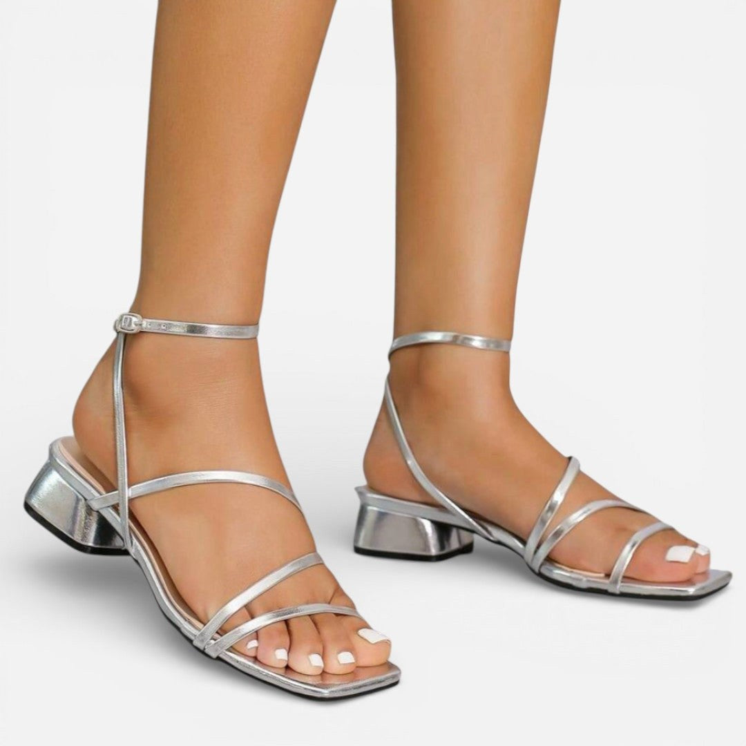 Ebony | Women's Gold Metallic Block Heel Sandals, Strappy Occasion Sandals | The Shrader Sisters