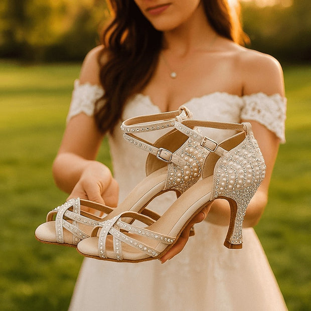 Edie | Women's Satin Heeled Dance Shoes, Crystallised Evening Heels | The Shrader Sisters