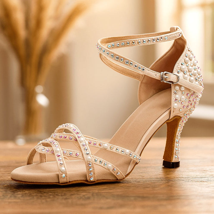 Edie | Women's Satin Heeled Dance Shoes, Crystallised Evening Heels | The Shrader Sisters