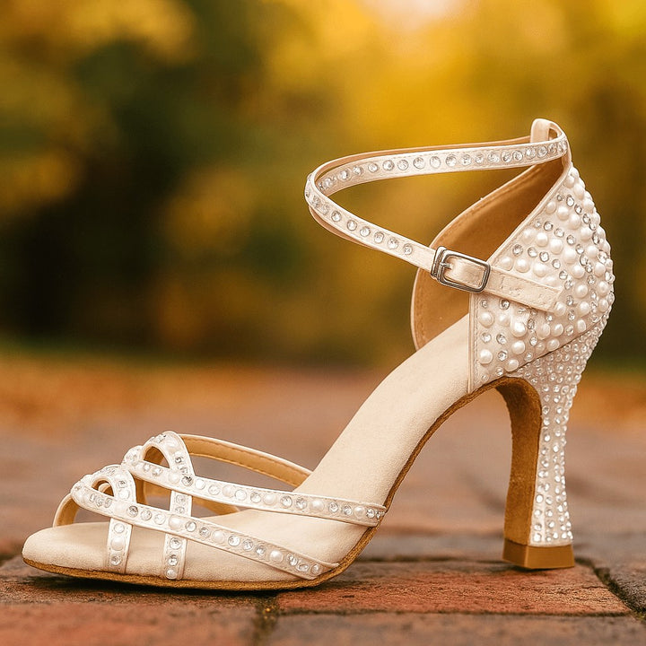 Edie | Women's Satin Heeled Dance Shoes, Crystallised Evening Heels | The Shrader Sisters