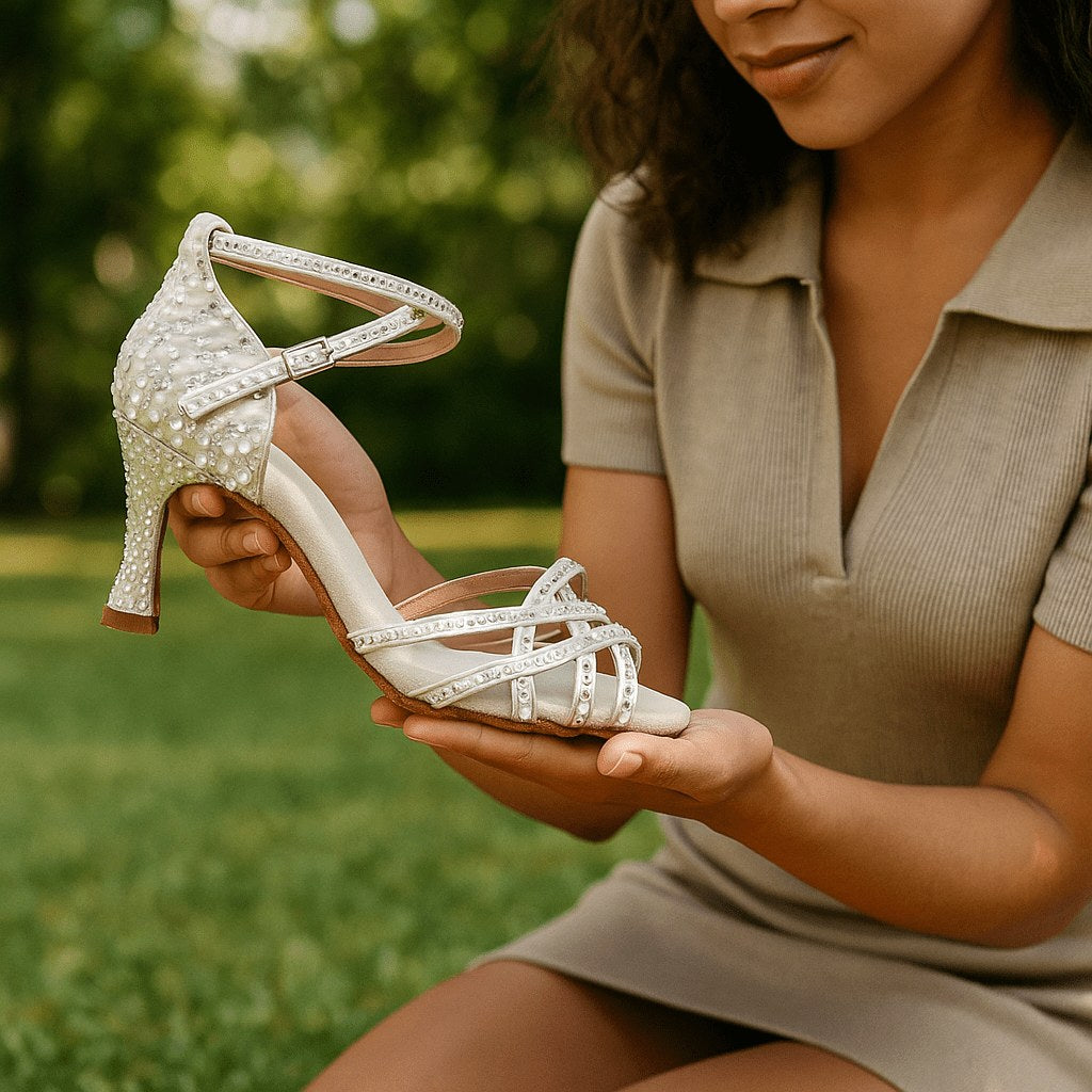 Edie | Women's Satin Heeled Dance Shoes, Crystallised Evening Heels | The Shrader Sisters