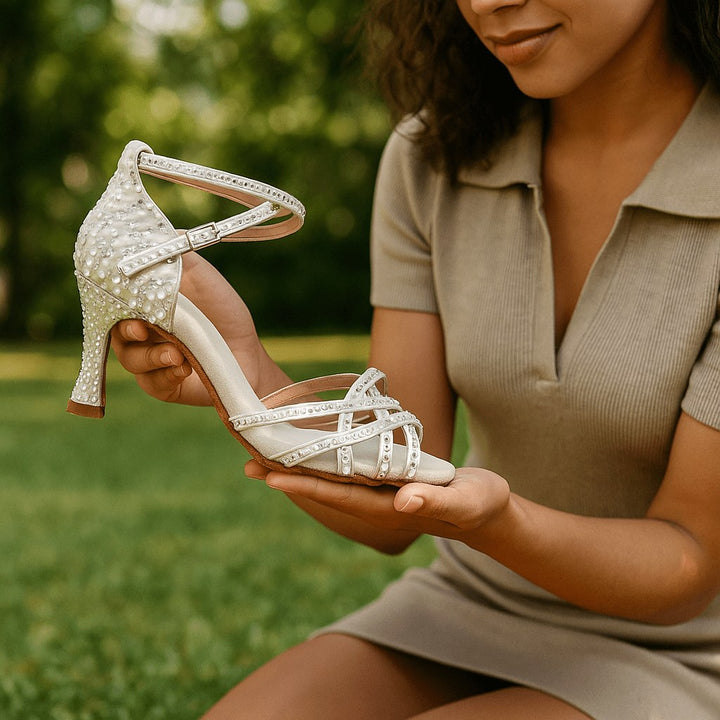 Edie | Women's Satin Heeled Dance Shoes, Crystallised Evening Heels | The Shrader Sisters
