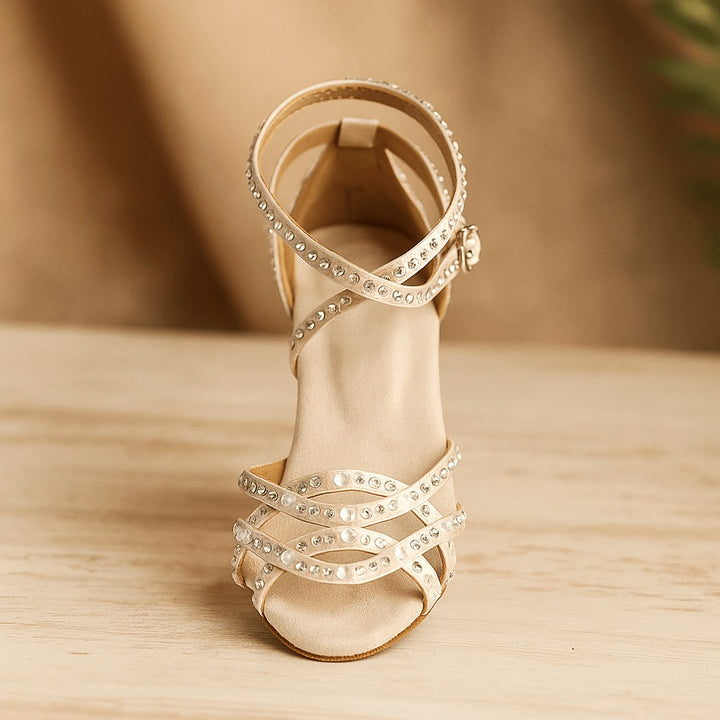 Edie | Women's Satin Heeled Dance Shoes, Crystallised Evening Heels | The Shrader Sisters