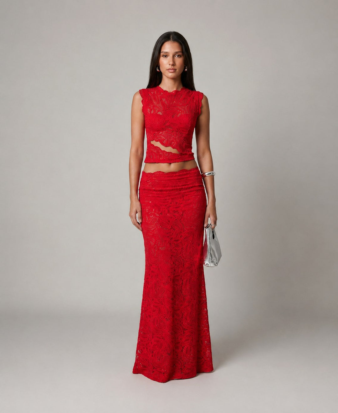 Elara | Women's Sleeveless Floral Lace Two-Piece Set, Crop Top and Maxi Skirt | The Shrader Sisters | Black