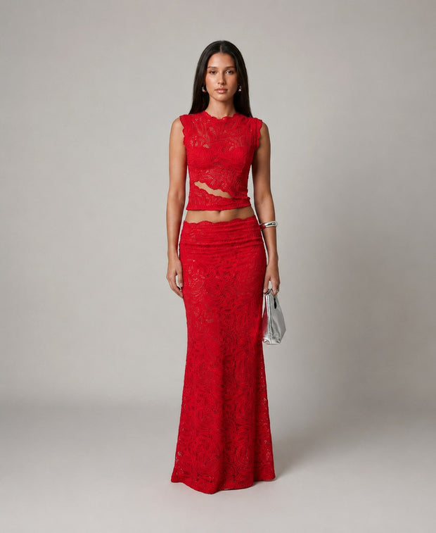 Elara | Women's Sleeveless Floral Lace Two-Piece Set, Crop Top and Maxi Skirt | The Shrader Sisters | Black