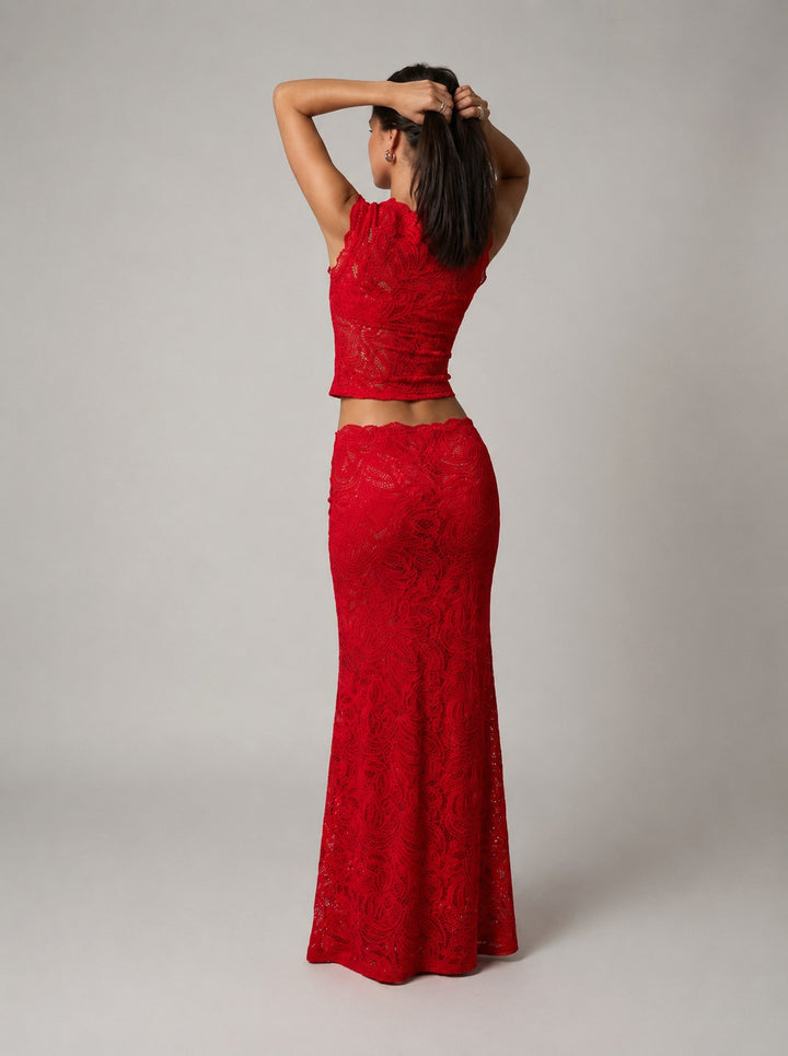Elara | Women's Sleeveless Floral Lace Two-Piece Set, Crop Top and Maxi Skirt | The Shrader Sisters | Red