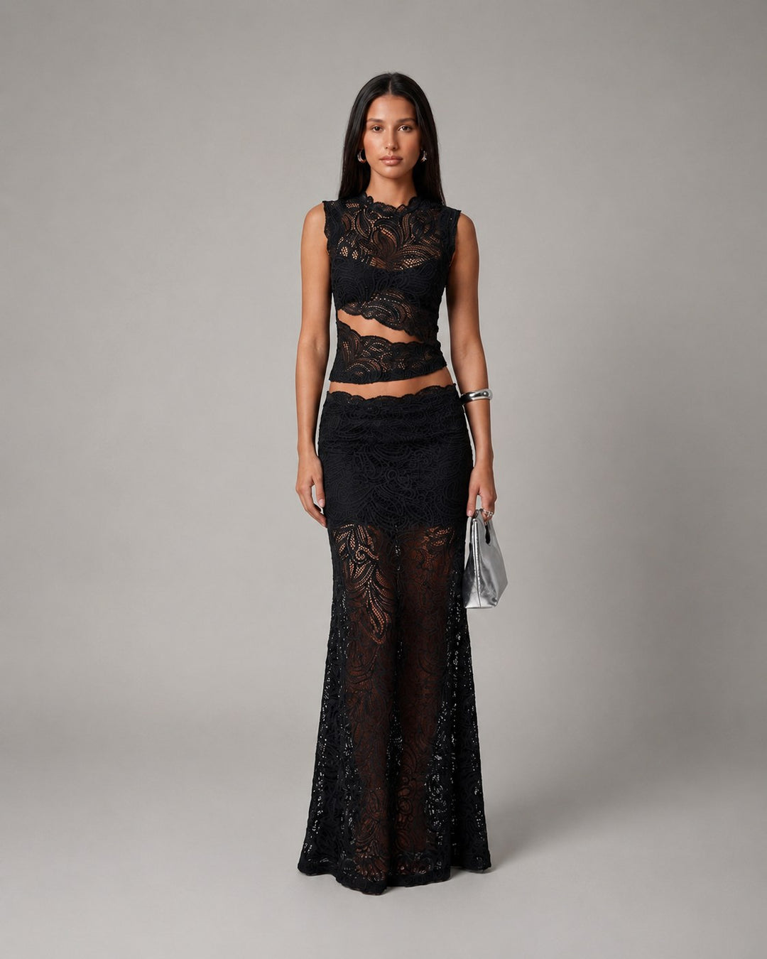 Elara | Women's Sleeveless Floral Lace Two-Piece Set, Crop Top and Maxi Skirt | The Shrader Sisters