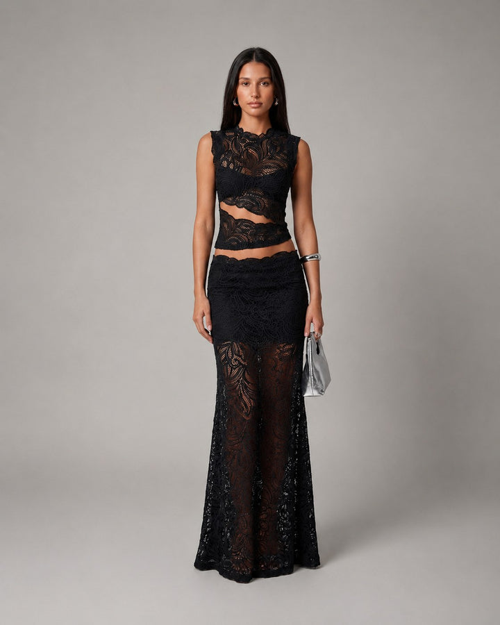 Elara | Women's Sleeveless Floral Lace Two-Piece Set, Crop Top and Maxi Skirt | The Shrader Sisters