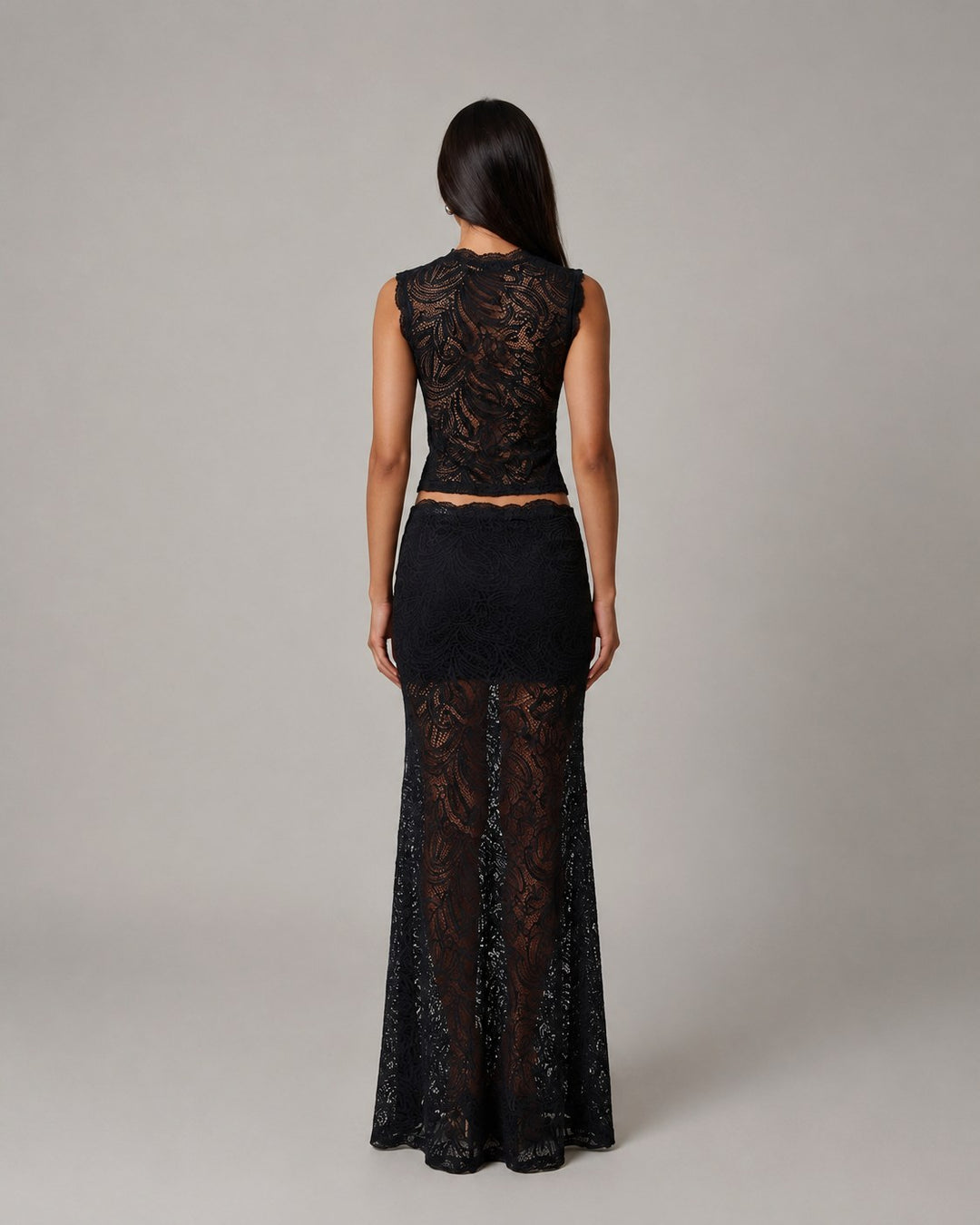 Elara | Women's Sleeveless Floral Lace Two-Piece Set, Crop Top and Maxi Skirt | The Shrader Sisters