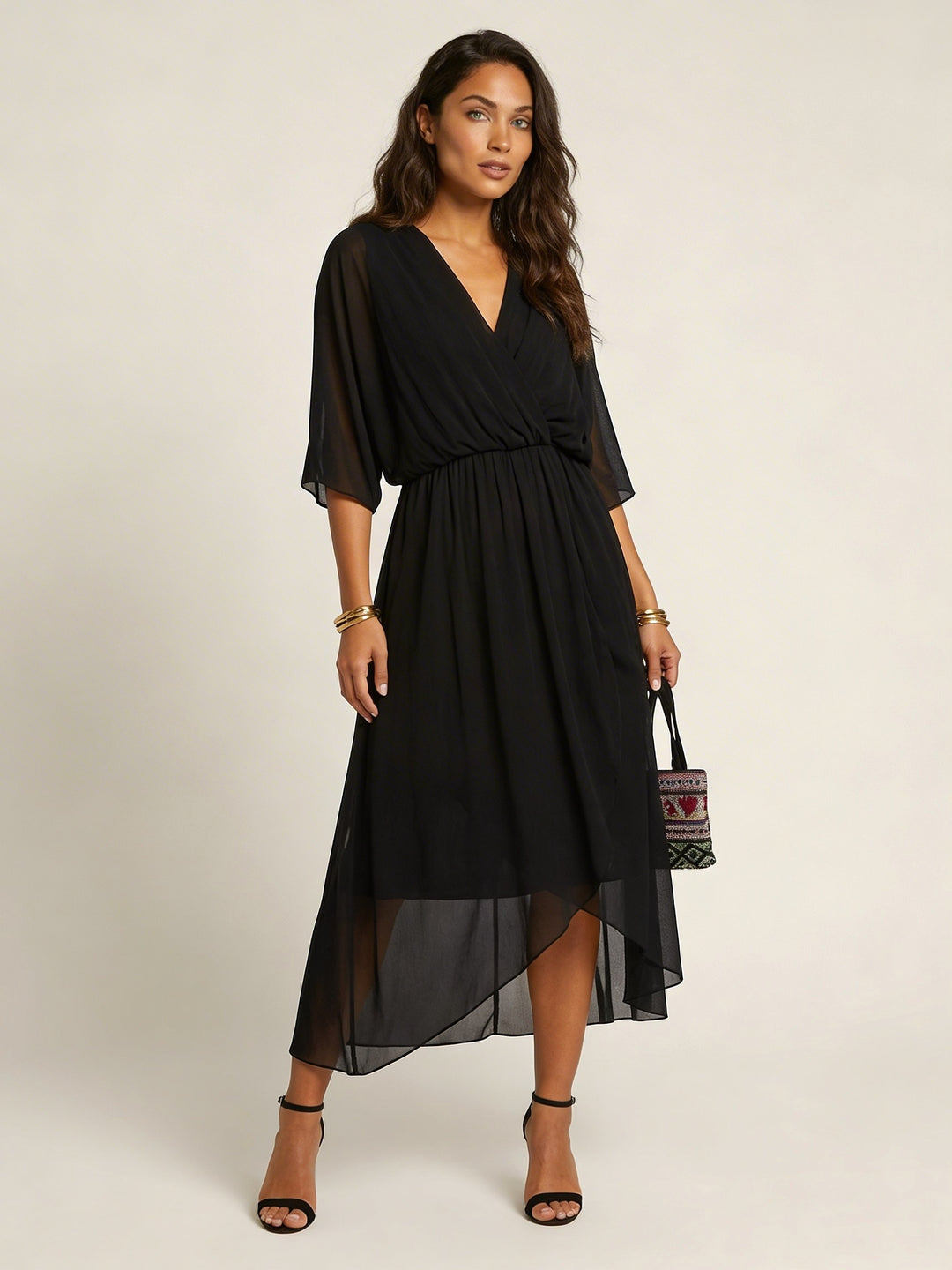 Elin | Women's Flowy Wrap Midi Dress with Belt - Marineblauw