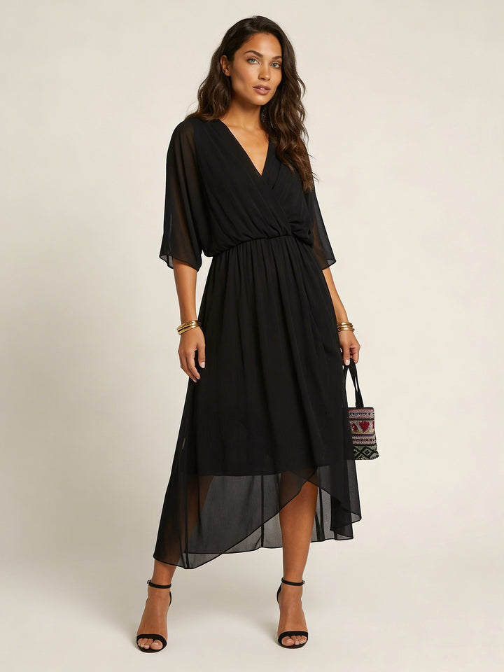 Elin | Women's Flowy Wrap Midi Dress with Belt - Marineblauw