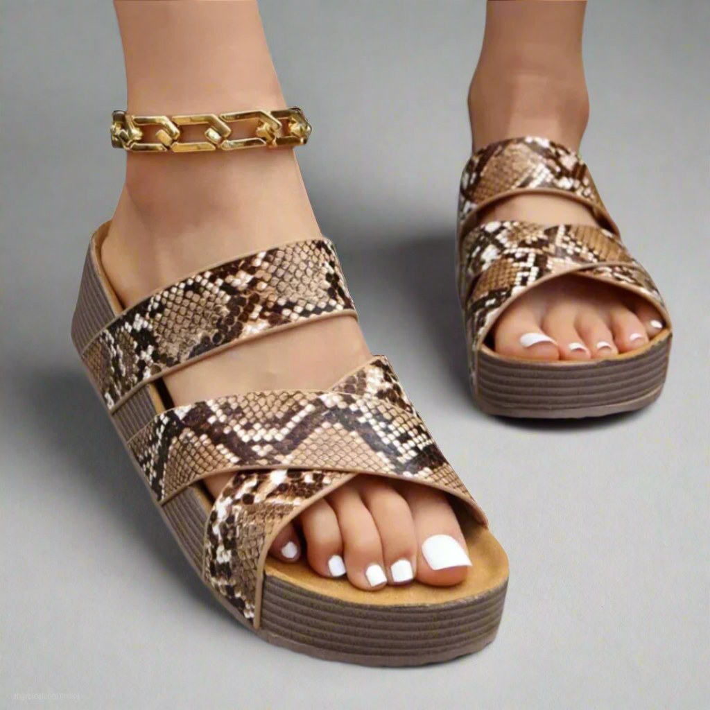 Eliza | Women's Orthopedic Sandals, Padded Insole Sandals | The Shrader Sisters | Snake print