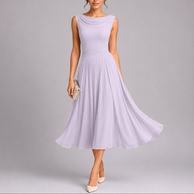 Ellery | Women's Pleated Midi Dress with Draped Neckline, Fitted Waist Occasion Dress | The Shrader Sisters | Purple