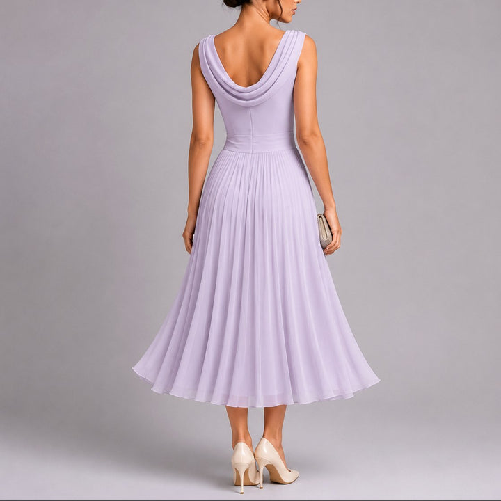 Ellery | Women's Pleated Midi Dress with Draped Neckline, Fitted Waist Occasion Dress | The Shrader Sisters | Black