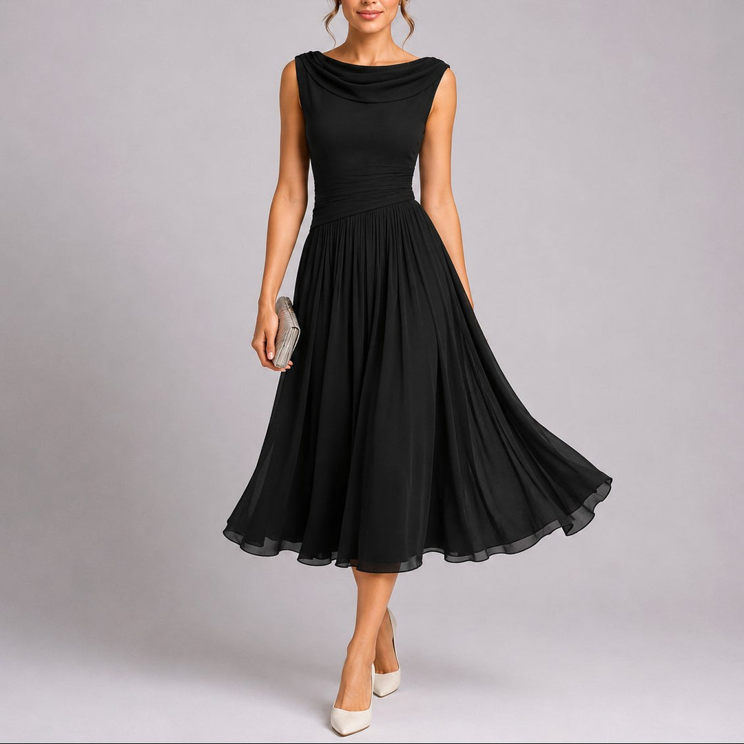 Ellery | Women's Pleated Midi Dress with Draped Neckline, Fitted Waist Occasion Dress | The Shrader Sisters | Red