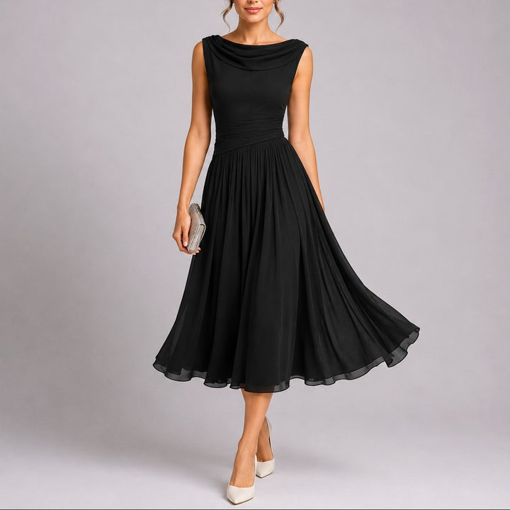 Ellery | Women's Pleated Midi Dress with Draped Neckline, Fitted Waist Occasion Dress | The Shrader Sisters | Red