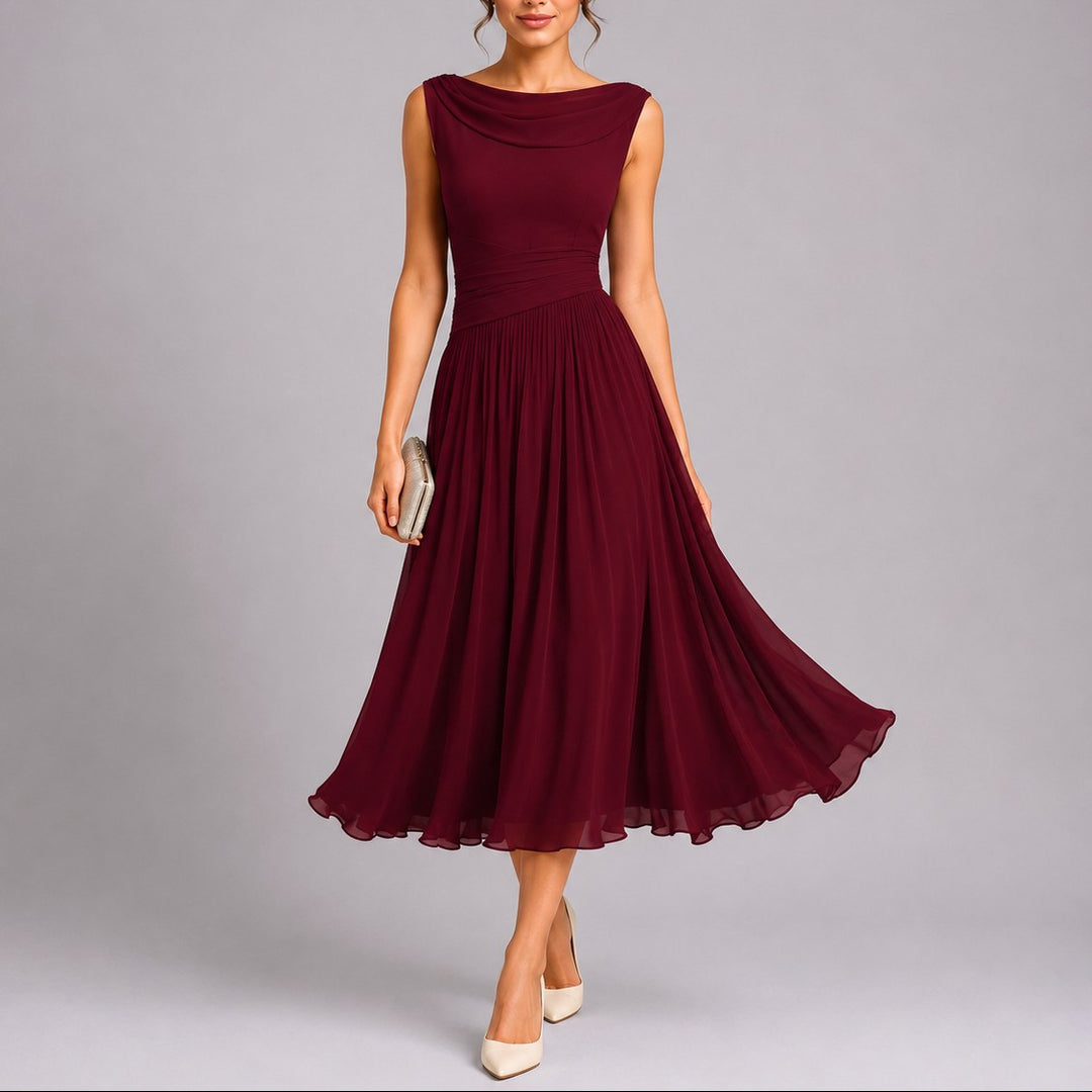 Ellery | Women's Pleated Midi Dress with Draped Neckline, Fitted Waist Occasion Dress | The Shrader Sisters | Pink
