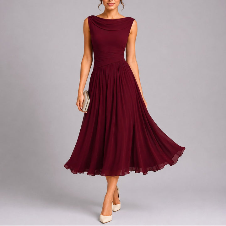 Ellery | Women's Pleated Midi Dress with Draped Neckline, Fitted Waist Occasion Dress | The Shrader Sisters | Pink