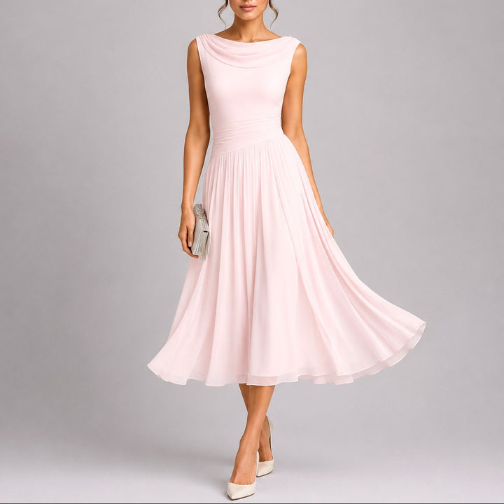 Ellery | Women's Pleated Midi Dress with Draped Neckline, Fitted Waist Occasion Dress | The Shrader Sisters | White