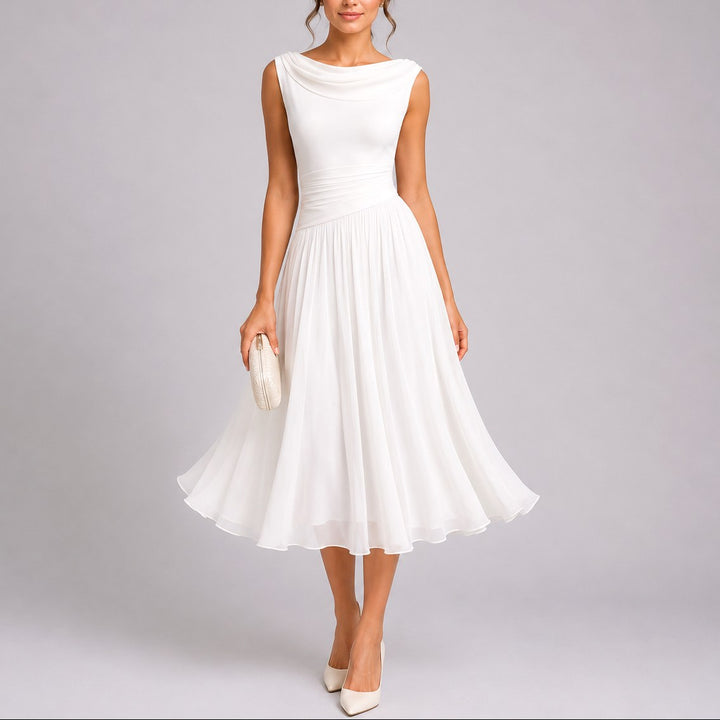 Ellery | Women's Pleated Midi Dress with Draped Neckline, Fitted Waist Occasion Dress | The Shrader Sisters