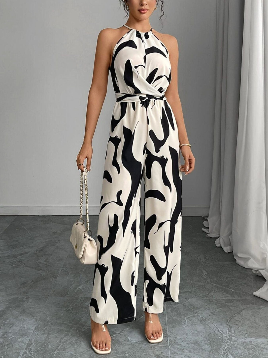 Elodie | Women's Abstract Print Wide-Leg Jumpsuit, Tie-Waist One-Piece | The Shrader Sisters