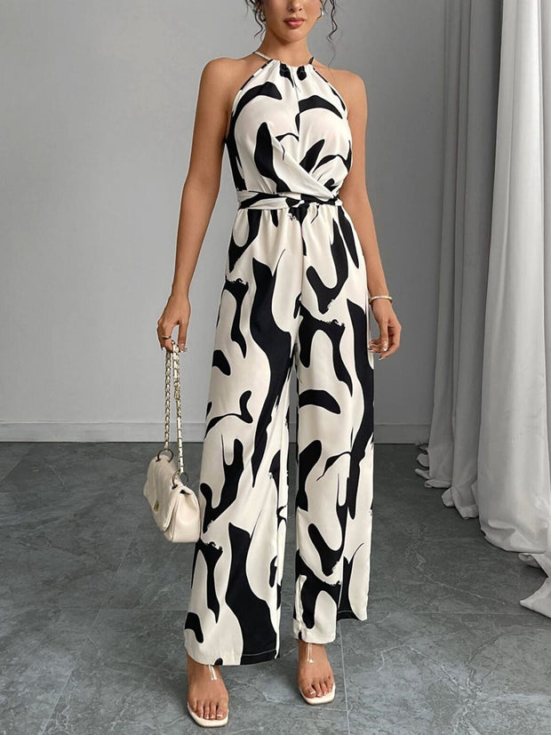 Elodie | Women's Abstract Print Wide-Leg Jumpsuit, Tie-Waist One-Piece | The Shrader Sisters
