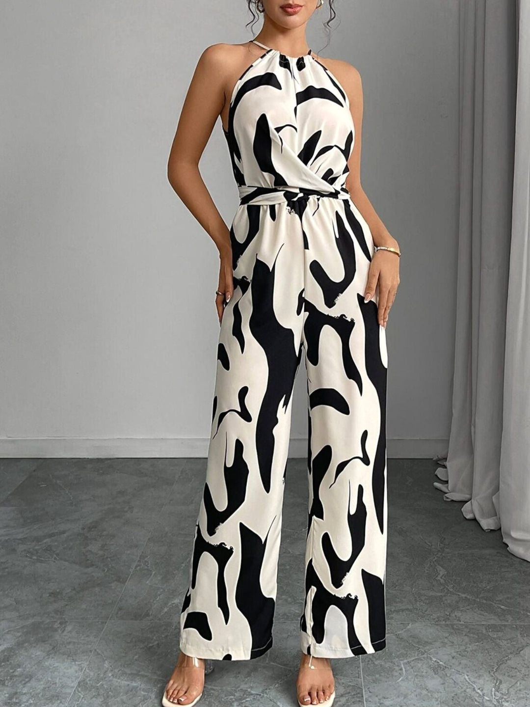 Elodie | Women's Abstract Print Wide-Leg Jumpsuit, Tie-Waist One-Piece | The Shrader Sisters