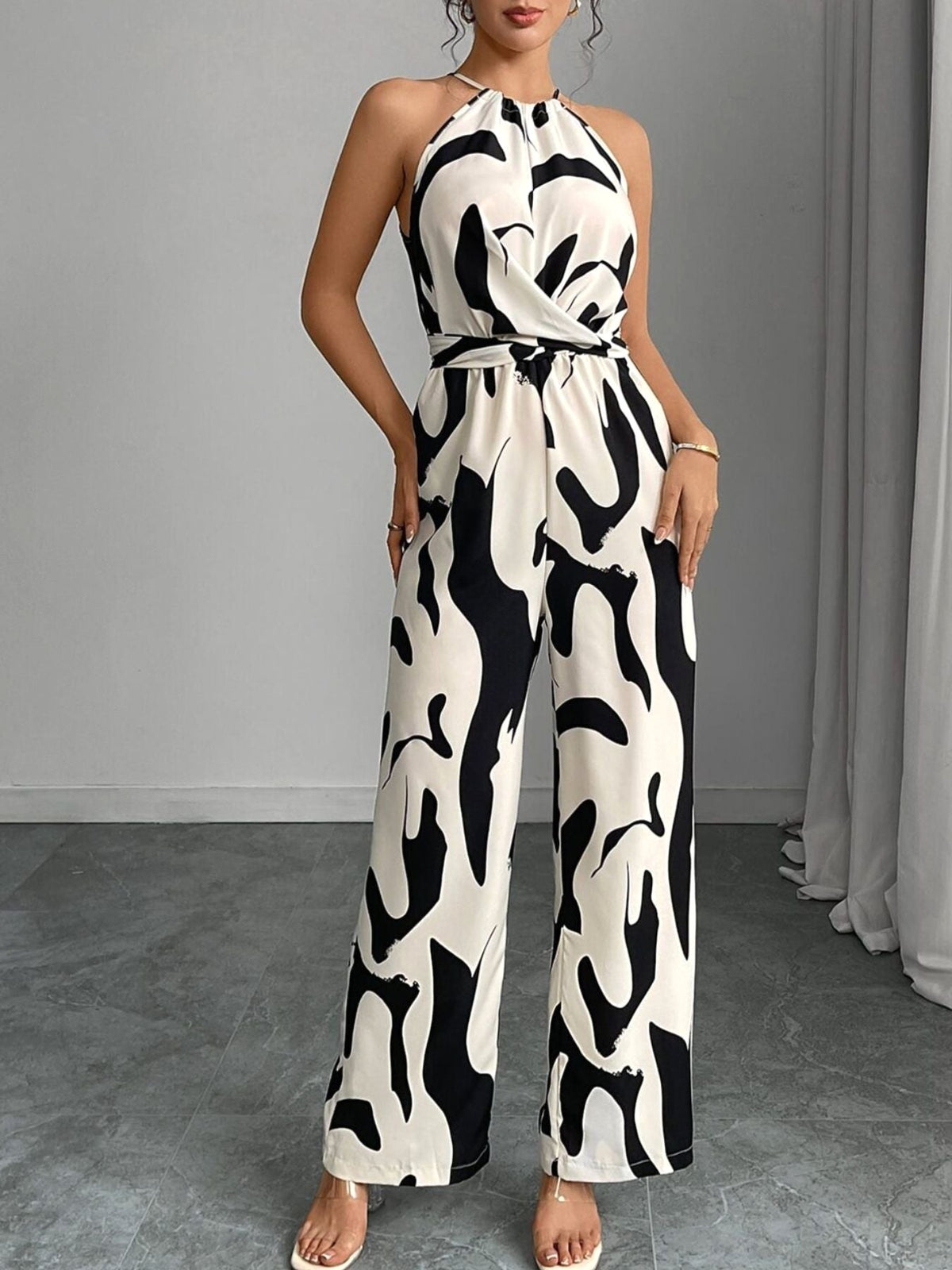 Elodie | Women's Abstract Print Wide-Leg Jumpsuit, Tie-Waist One-Piece | The Shrader Sisters
