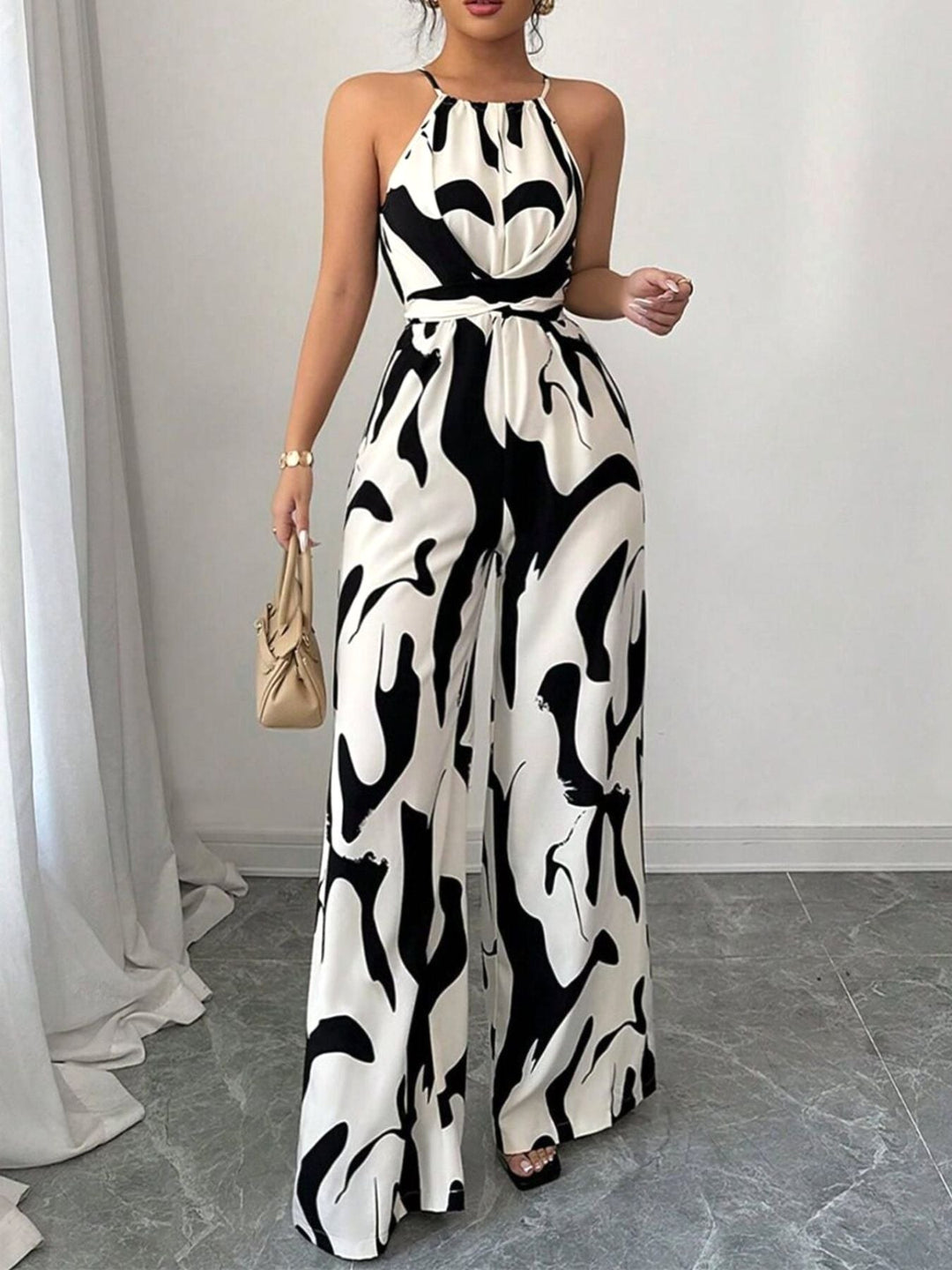 Elodie | Women's Abstract Print Wide-Leg Jumpsuit, Tie-Waist One-Piece | The Shrader Sisters