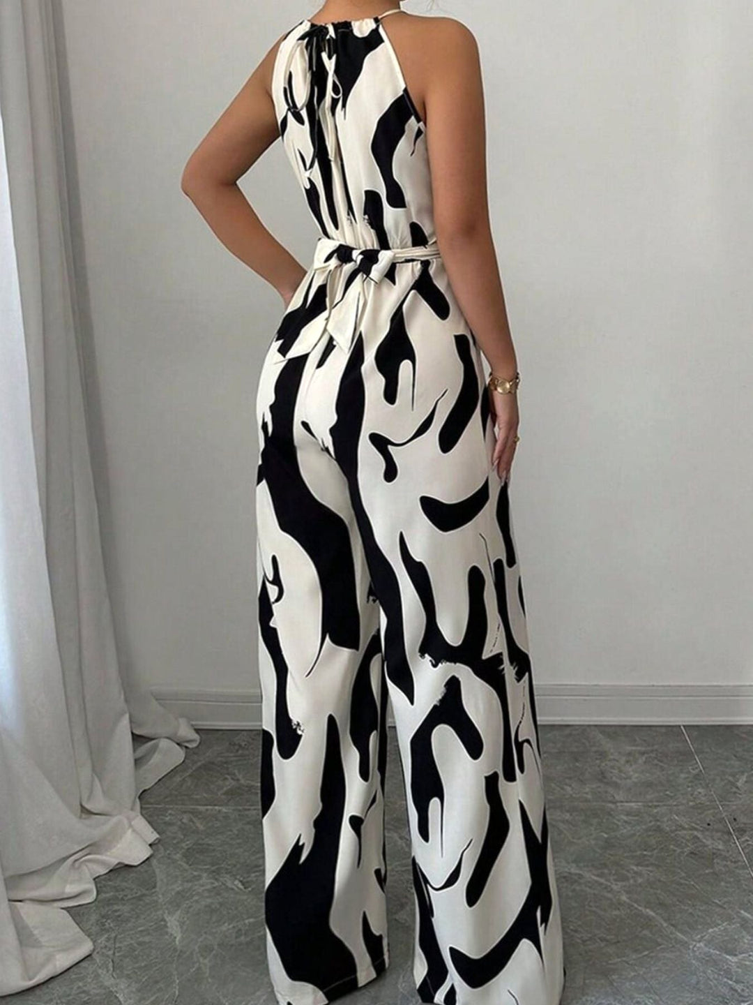 Elodie | Women's Abstract Print Wide-Leg Jumpsuit, Tie-Waist One-Piece | The Shrader Sisters