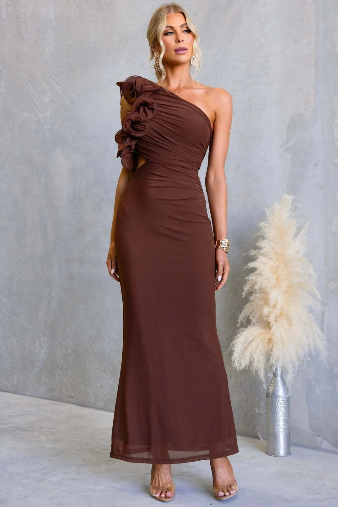 Emersyn | Women's One-Shoulder Maxi Dress with Ruffled Detail, Fitted Maxi Dress | The Shrader Sisters | Burgundy