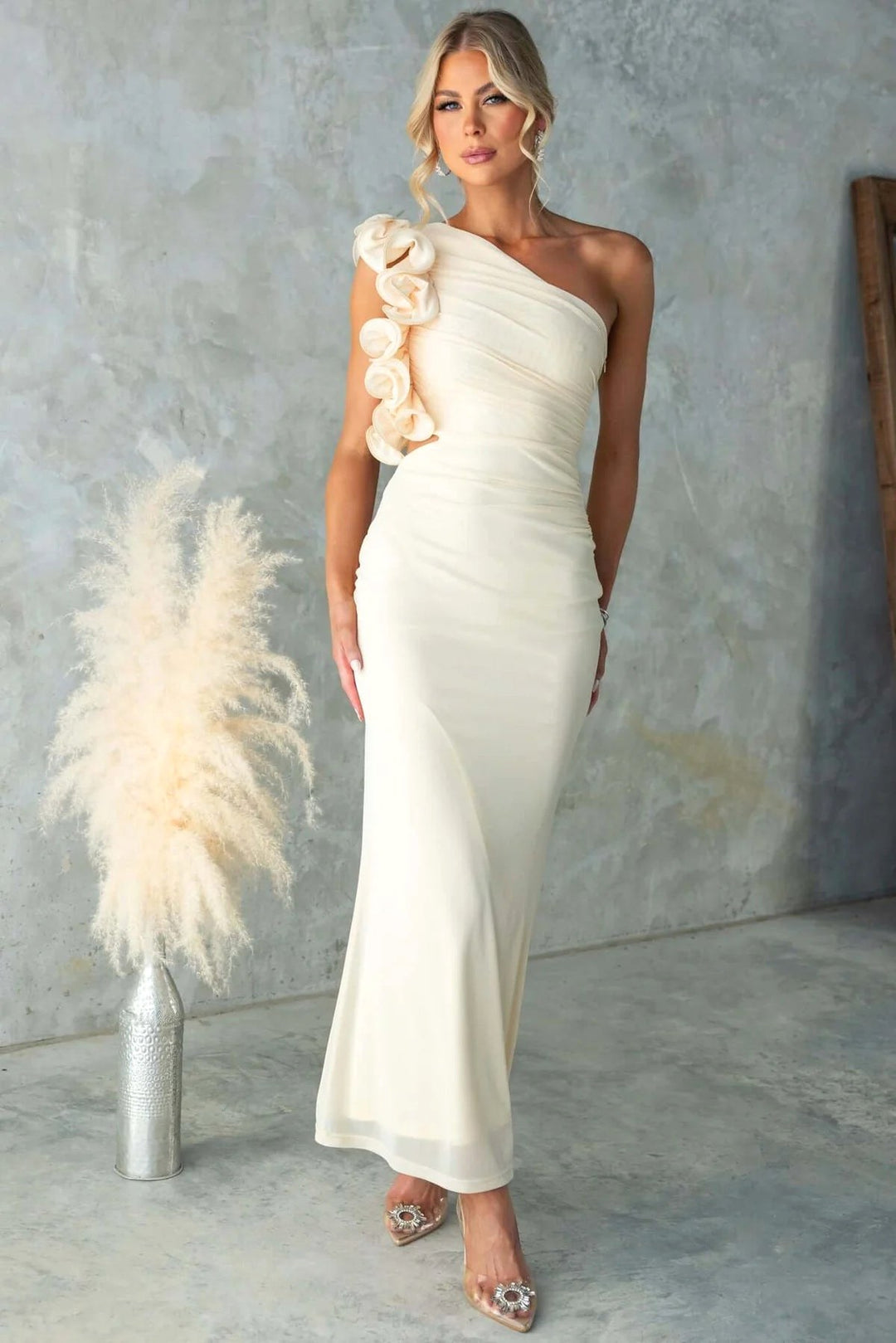 Emersyn | Women's One-Shoulder Maxi Dress with Ruffled Detail, Fitted Maxi Dress | The Shrader Sisters