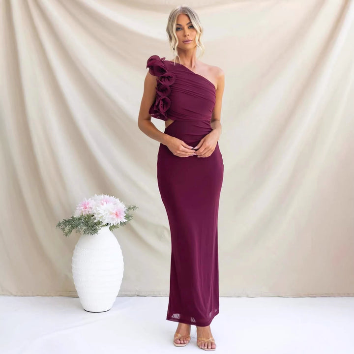 Emersyn | Women's One-Shoulder Maxi Dress with Ruffled Detail, Fitted Maxi Dress | The Shrader Sisters | Black