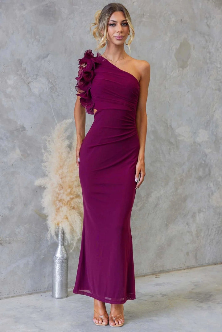 Emersyn | Women's One-Shoulder Maxi Dress with Ruffled Detail, Fitted Maxi Dress | The Shrader Sisters | Coffee