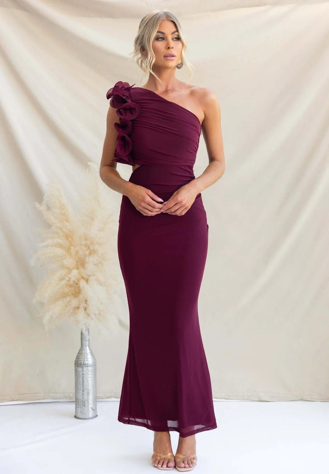Emersyn | Women's One-Shoulder Maxi Dress with Ruffled Detail, Fitted Maxi Dress | The Shrader Sisters | Light Yellow