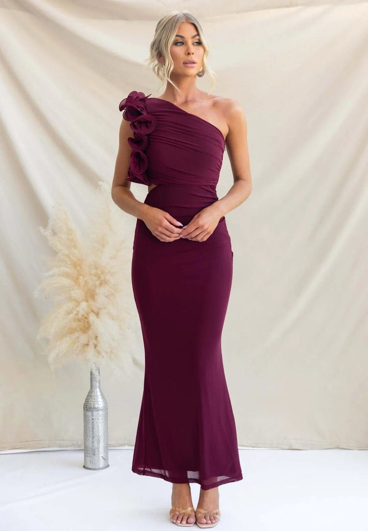 Emersyn | Women's One-Shoulder Maxi Dress with Ruffled Detail, Fitted Maxi Dress | The Shrader Sisters | Light Yellow