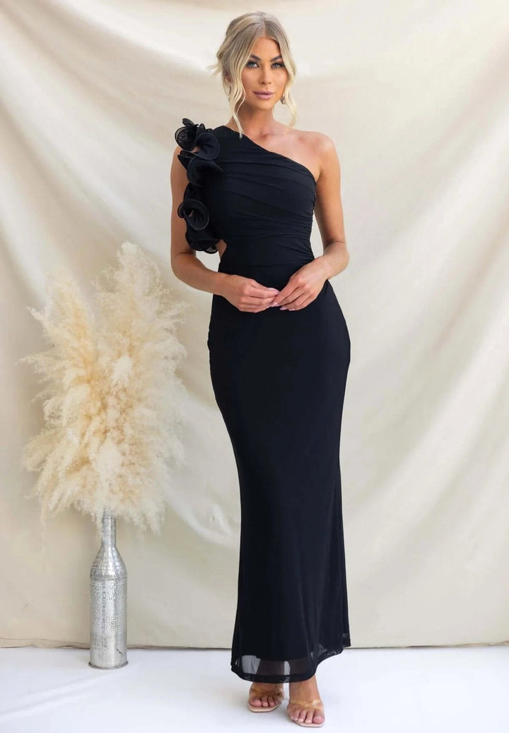 Emersyn | Women's One-Shoulder Maxi Dress with Ruffled Detail, Fitted Maxi Dress | The Shrader Sisters | Red