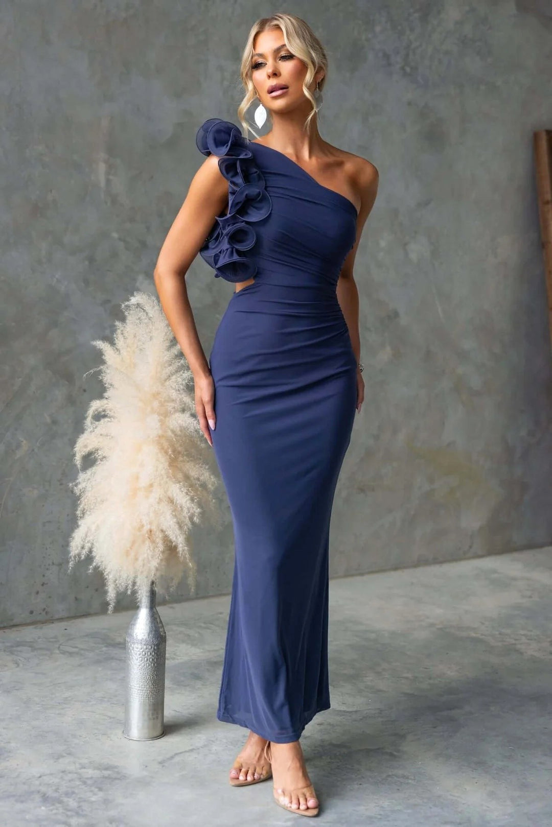 Emersyn | Women's One-Shoulder Maxi Dress with Ruffled Detail, Fitted Maxi Dress | The Shrader Sisters | Green