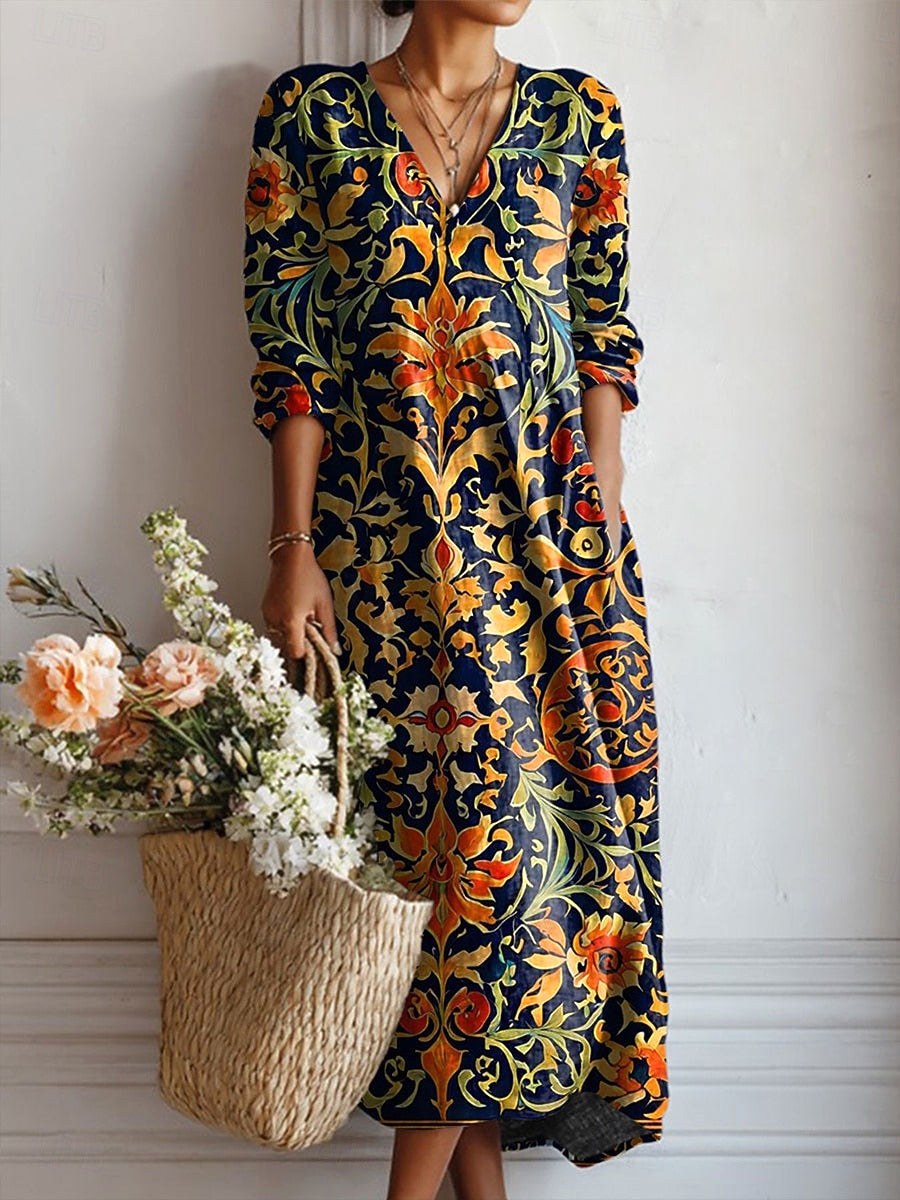 Emma | Women's Navy Boho Baroque V-Neck Midi Dress, Lightweight Summer Dress for Holidays and Resort Wear, Lightweight Summer Dress for Holidays and Resort Wear - image 1