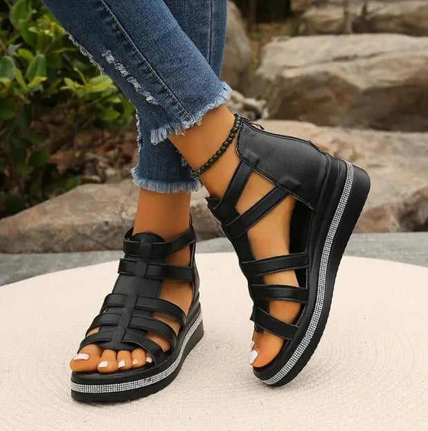 Emmeline | Women's Wedge Sandals, Elegant Occasion Sandals | The Shrader Sisters | Black