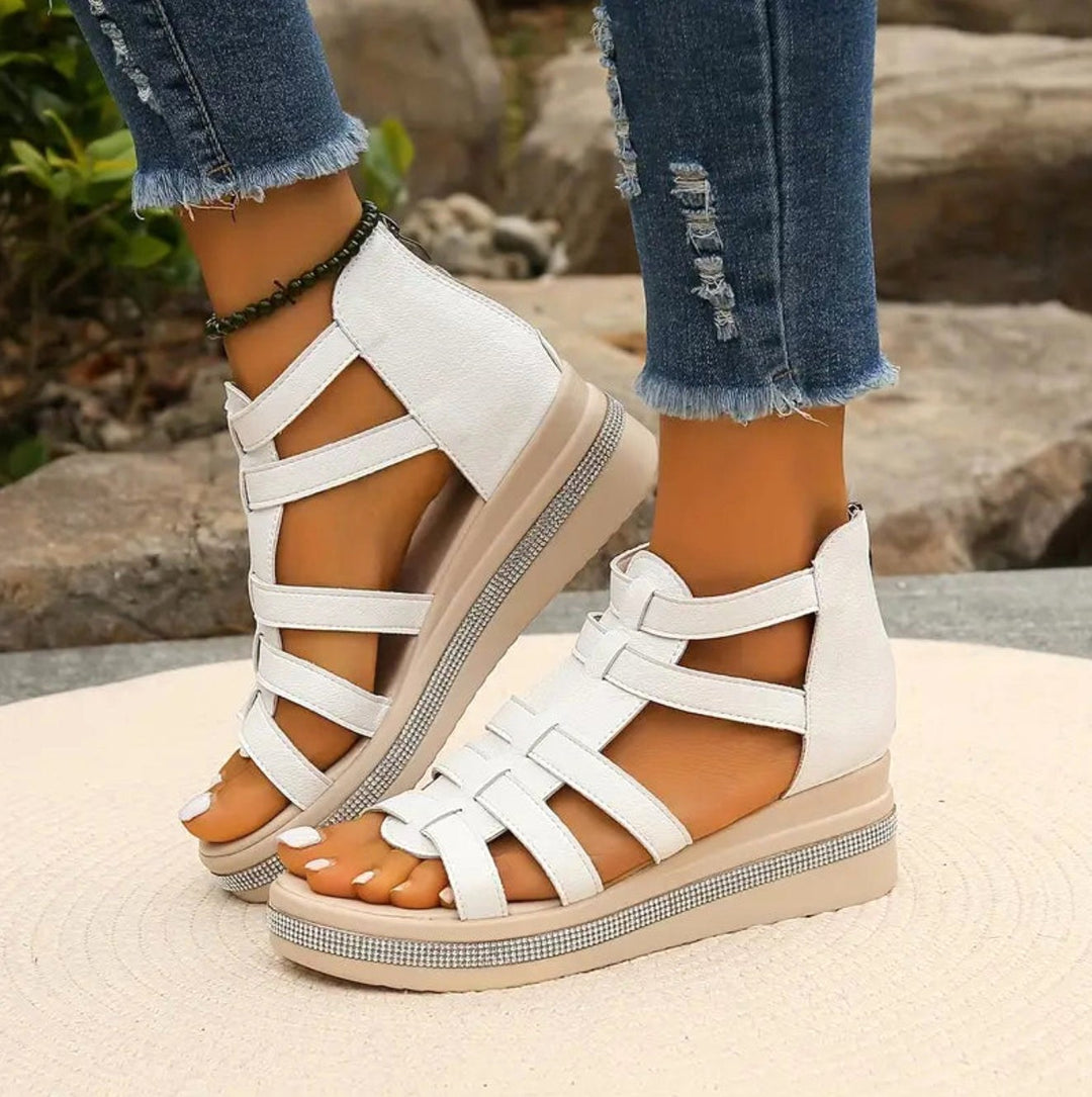 Emmeline | Women's Wedge Sandals, Elegant Occasion Sandals | The Shrader Sisters | White