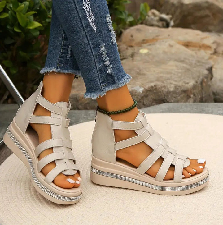 Emmeline | Women's Wedge Sandals, Elegant Occasion Sandals | The Shrader Sisters | Beige