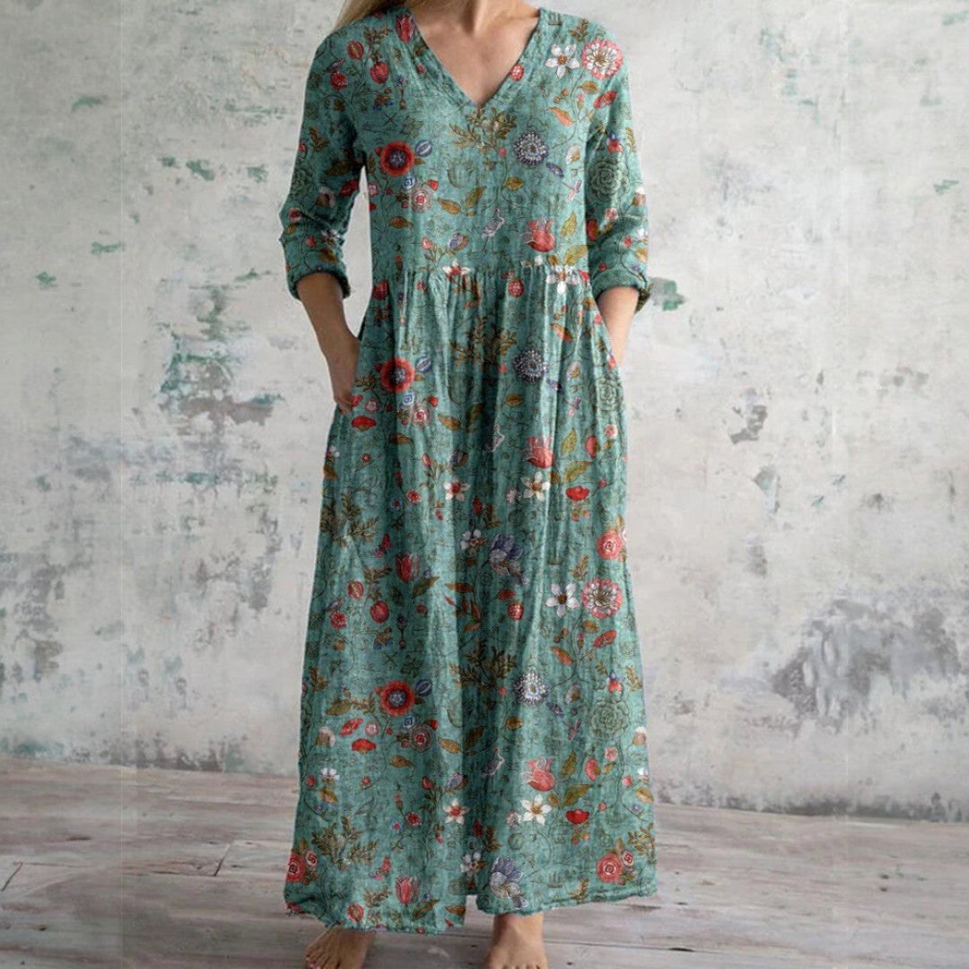 Estelle | Women's Long Sleeve Floral Maxi Dress - Green