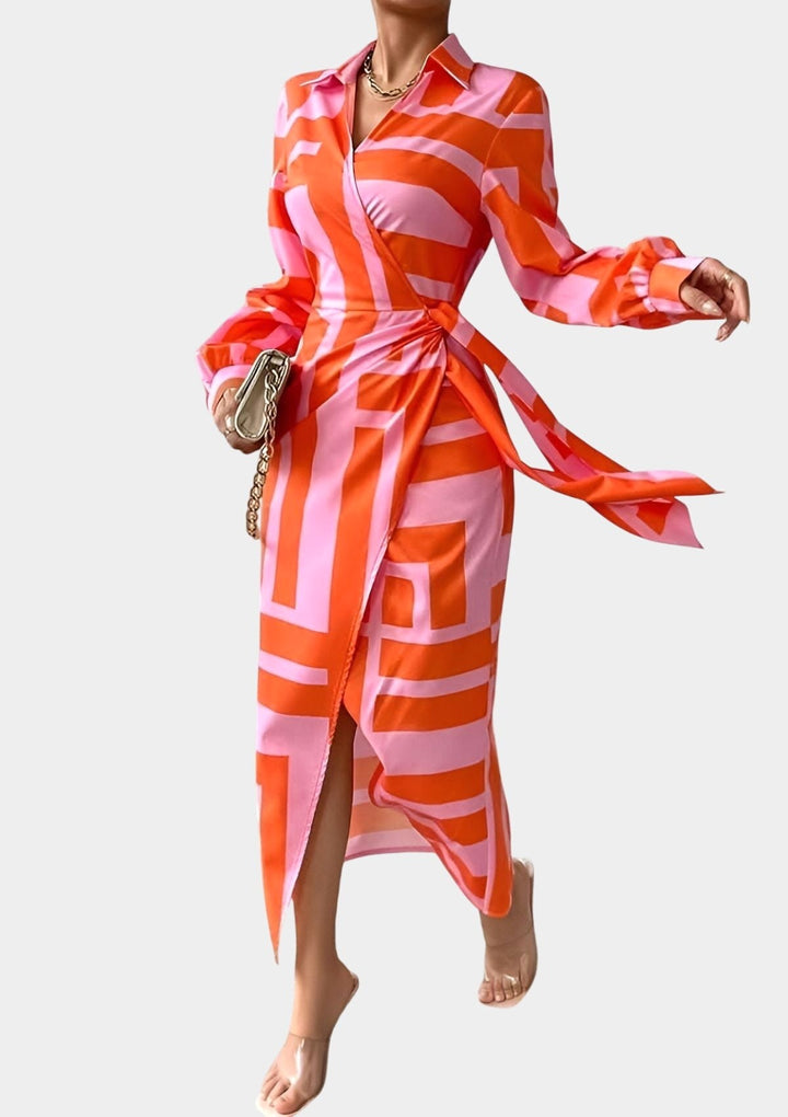 Everly | Women's Elegant Wrap Dress With Print - Orange