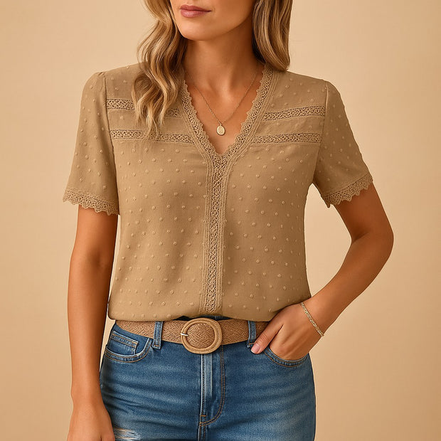 Everly | Women's V-Neck Lace Trim Blouse, Short-Sleeve Everyday Top | The Shrader Sisters | Khaki