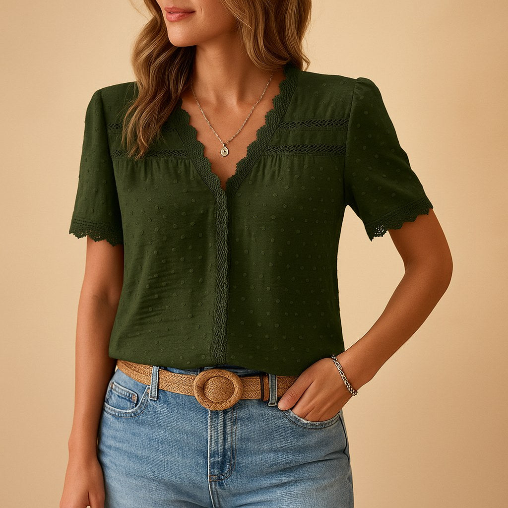 Everly | Women's V-Neck Lace Trim Blouse, Short-Sleeve Everyday Top | The Shrader Sisters | Army Green