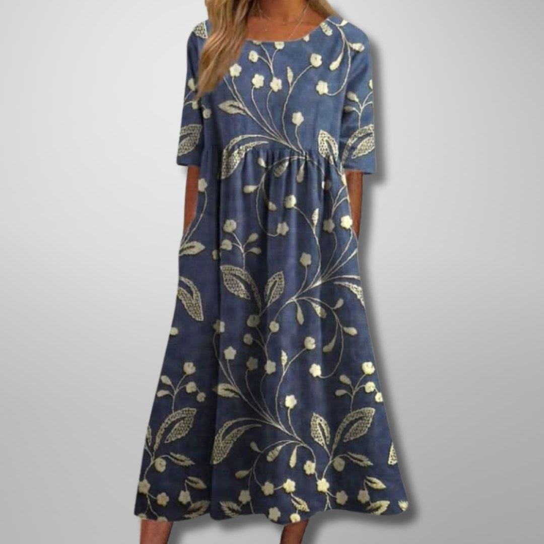 Fiona | Women's Relaxed Floral Midi Dress - Navy Blue