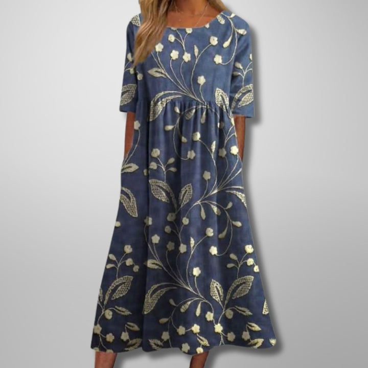 Fiona | Women's Relaxed Floral Midi Dress - Navy Blue